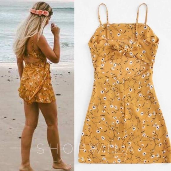 yellow floral open back dress waist tie - Picture 3 of 3
